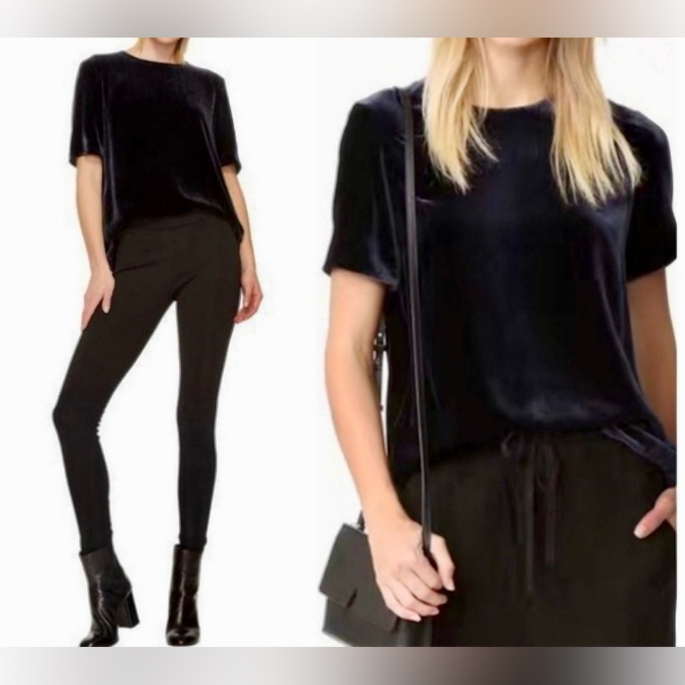 Vince Navy Blue Viscose & Silk Velvet Velour Short Sleeve Luxury Boxy Top in Med